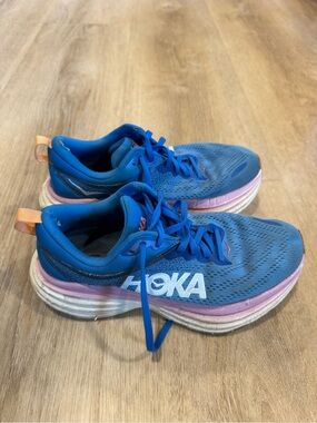 HOKA Bondi Women's Blue Running Shoes with Pink Accents